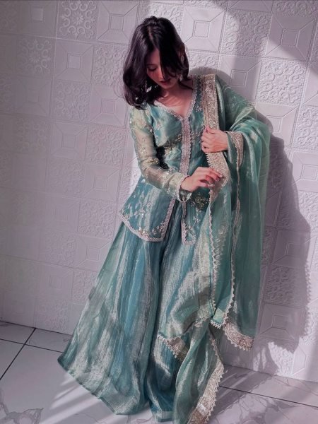 Mint Green Fandy Silk Sharara Suit with Sequin Work and Dupatta Choice for Weddings Ready To Wear Collection