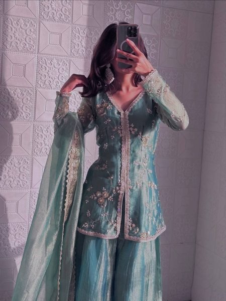 Mint Green Fandy Silk Sharara Suit with Sequin Work and Dupatta Choice for Weddings Ready To Wear Collection