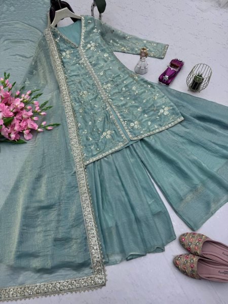 Mint Green Fandy Silk Sharara Suit with Sequin Work and Dupatta Choice for Weddings Ready To Wear Collection