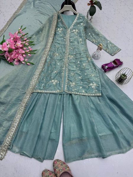 Mint Green Fandy Silk Sharara Suit with Sequin Work and Dupatta Choice for Weddings Ready To Wear Collection