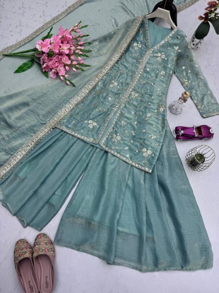Mint Green Fandy Silk Sharara Suit with Sequin Work and Dupatta Choice for Weddings Ready To Wear Collection
