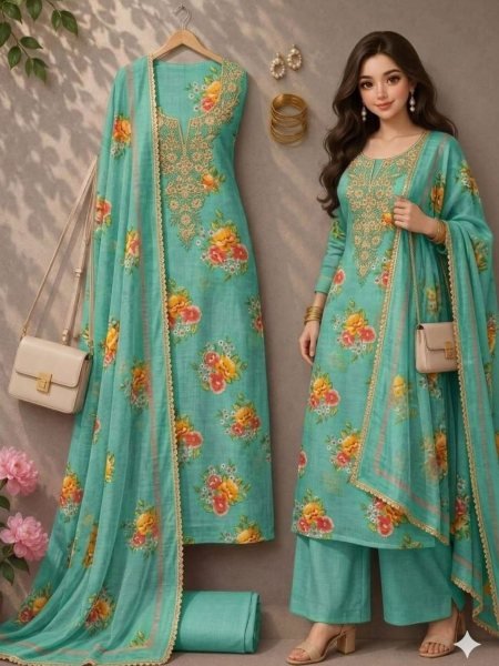 Mint Green Festive Collection Lilan Cotton Digital Print Suit Material for Traditional Occasions 
