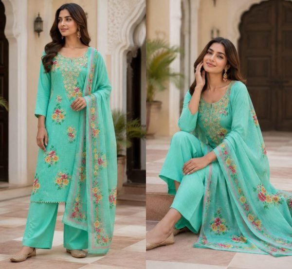 Mint Green Festive Collection Lilan Cotton Digital Print Suit Material for Traditional Occasions Punjabi Dress Materials Wholesale