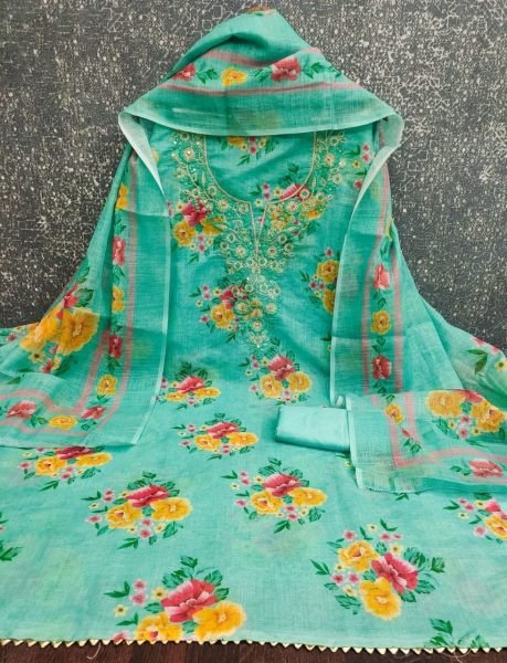 Mint Green Festive Collection Lilan Cotton Digital Print Suit Material for Traditional Occasions Punjabi Dress Materials Wholesale