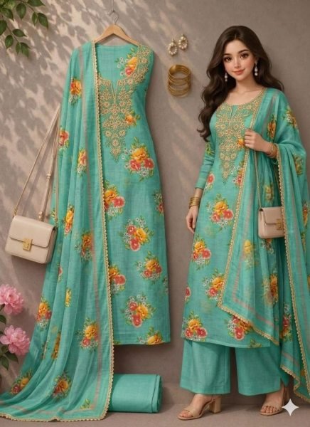 Mint Green Festive Collection Lilan Cotton Digital Print Suit Material for Traditional Occasions Punjabi Dress Materials Wholesale