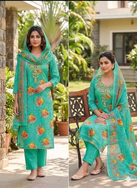 Mint Green Festive Collection Lilan Cotton Digital Print Suit Material for Traditional Occasions Punjabi Dress Materials Wholesale