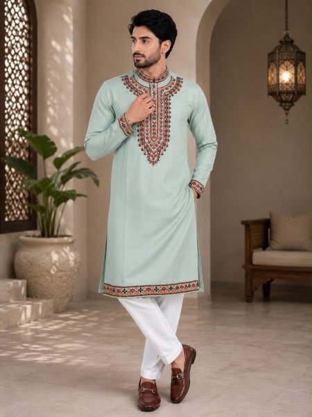 Mint Green Festive Wear Men's Kurta Pyjama with Embroidered Neck Work at Manufacturer Rate 