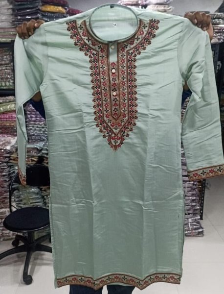 Mint Green Festive Wear Men's Kurta Pyjama with Embroidered Neck Work at Manufacturer Rate Kurta Pajama Wholesale