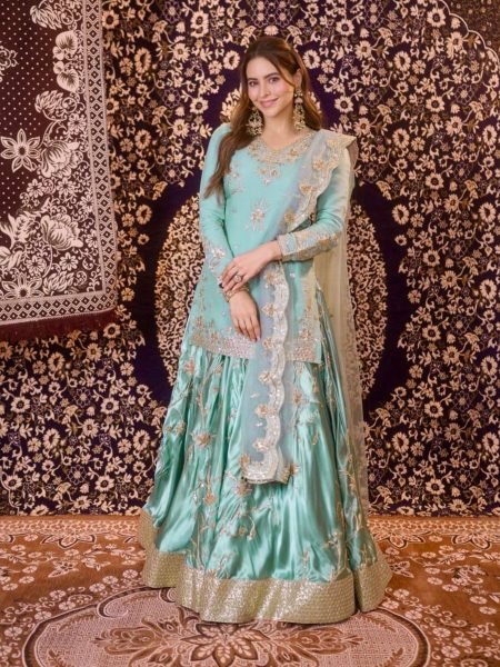 Mint Green Heavy Japan Satin Embroidered Lehenga Set with Dupatta 