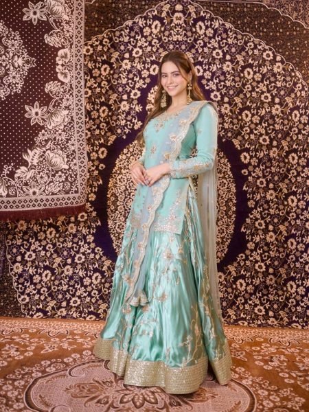 Mint Green Heavy Japan Satin Embroidered Lehenga Set with Dupatta Ready To Wear Collection