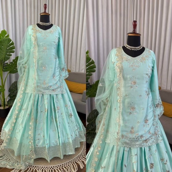 Mint Green Heavy Japan Satin Embroidered Lehenga Set with Dupatta Ready To Wear Collection