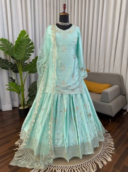 Mint Green Heavy Japan Satin Embroidered Lehenga Set with Dupatta Ready To Wear Collection