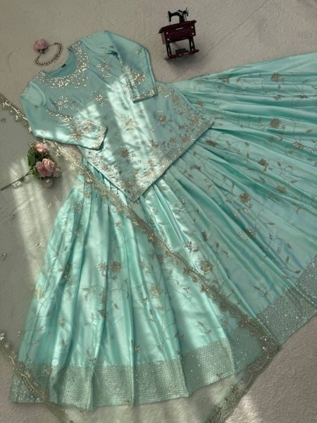 Mint Green Heavy Japan Satin Embroidered Lehenga Set with Dupatta Ready To Wear Collection