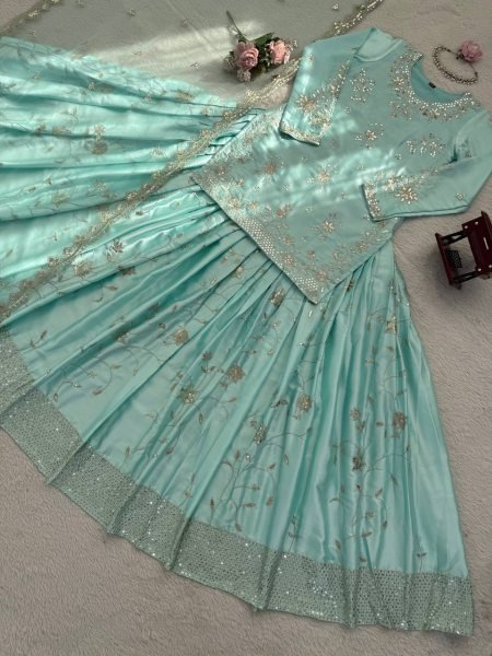Mint Green Heavy Japan Satin Embroidered Lehenga Set with Dupatta Ready To Wear Collection