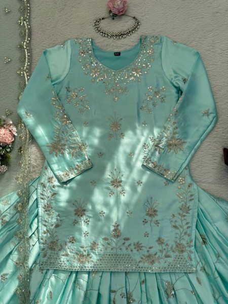 Mint Green Heavy Japan Satin Embroidered Lehenga Set with Dupatta Ready To Wear Collection