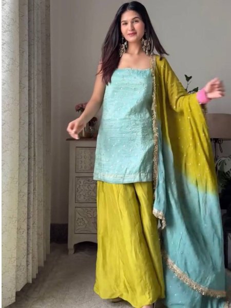 Mint Green & Lime Yellow combination Chinon Silk Party Wear Quality Kurti With Palazzo And Four Side Border work Dupatta 