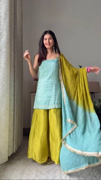 Mint Green & Lime Yellow combination Chinon Silk Party Wear Quality Kurti With Palazzo And Four Side Border work Dupatta Ready To Wear Collection