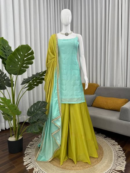 Mint Green & Lime Yellow combination Chinon Silk Party Wear Quality Kurti With Palazzo And Four Side Border work Dupatta Ready To Wear Collection