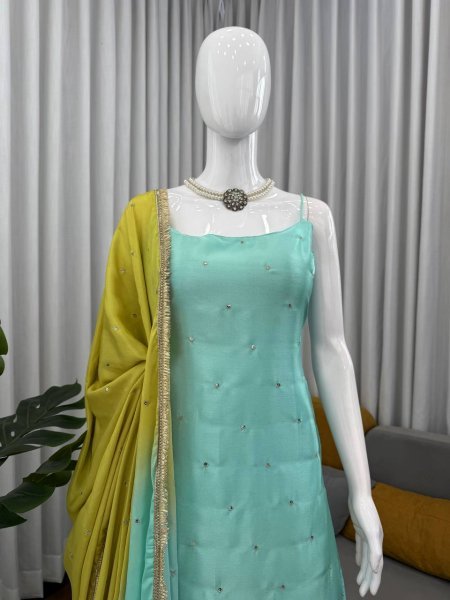 Mint Green & Lime Yellow combination Chinon Silk Party Wear Quality Kurti With Palazzo And Four Side Border work Dupatta Ready To Wear Collection