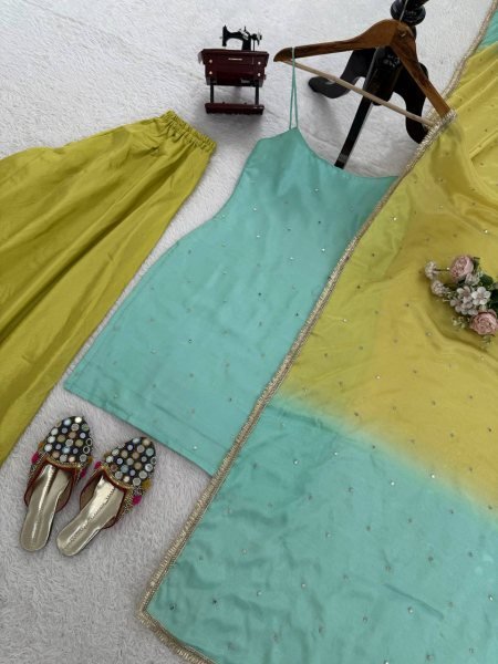 Mint Green & Lime Yellow combination Chinon Silk Party Wear Quality Kurti With Palazzo And Four Side Border work Dupatta Ready To Wear Collection