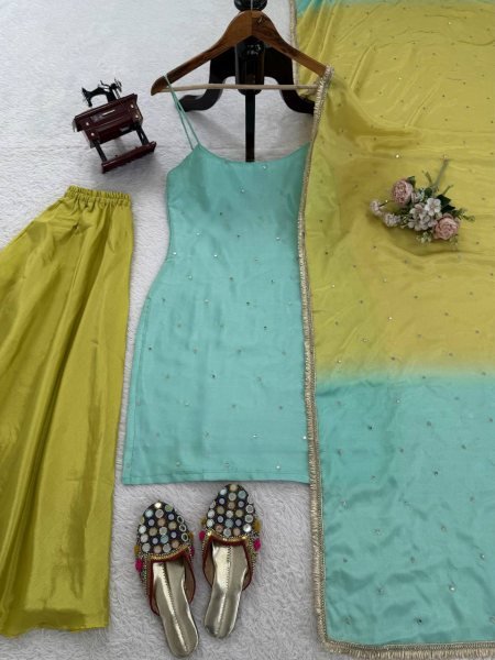 Mint Green & Lime Yellow combination Chinon Silk Party Wear Quality Kurti With Palazzo And Four Side Border work Dupatta Ready To Wear Collection