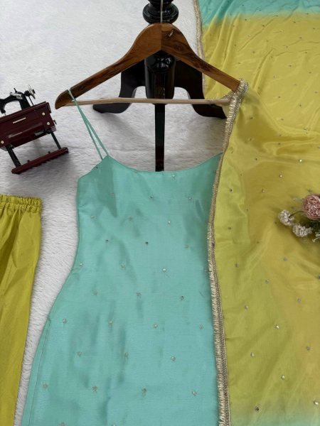Mint Green & Lime Yellow combination Chinon Silk Party Wear Quality Kurti With Palazzo And Four Side Border work Dupatta Ready To Wear Collection