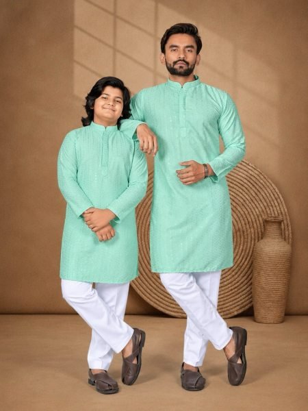 Mint Green Matching Father Son Chikankari Kurta Pajama Combo for Festive Celebrations Father Son Collection 