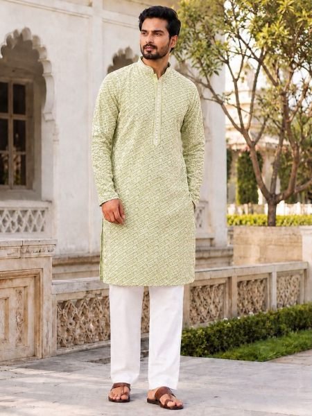 Mint Green Men s Long Rayon Kurta Set with Chikan Schiffli Embroidery for Festival 