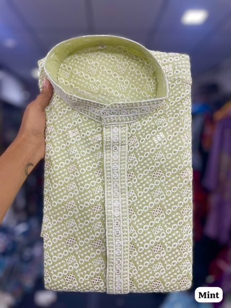 Mint Green Men s Long Rayon Kurta Set with Chikan Schiffli Embroidery for Festival Kurta Pajama Wholesale