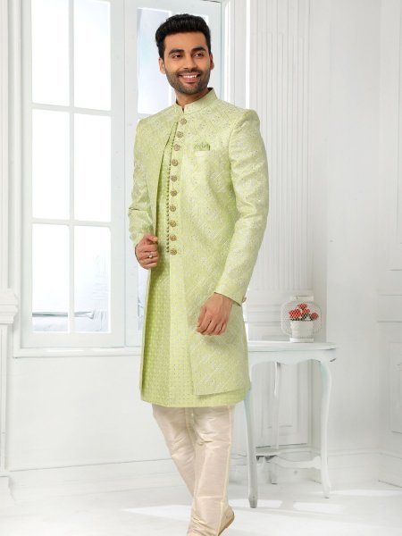 Mint Green Mens Jacket Kurta Set with Dupion Silk Pant for Wedding Collection Mens Wear