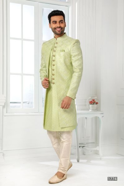 Mint Green Mens Jacket Kurta Set with Dupion Silk Pant for Wedding Collection Kurta Pajama Wholesale