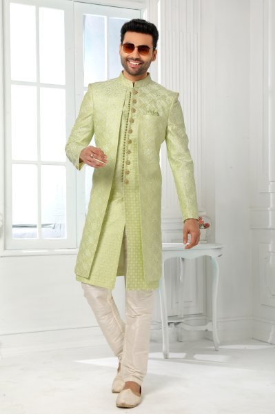 Mint Green Mens Jacket Kurta Set with Dupion Silk Pant for Wedding Collection Kurta Pajama Wholesale