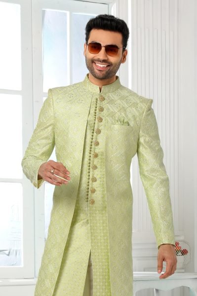Mint Green Mens Jacket Kurta Set with Dupion Silk Pant for Wedding Collection Kurta Pajama Wholesale