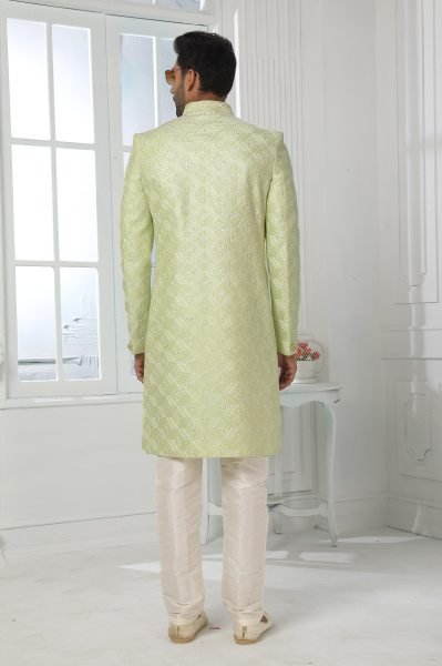 Mint Green Mens Jacket Kurta Set with Dupion Silk Pant for Wedding Collection Kurta Pajama Wholesale