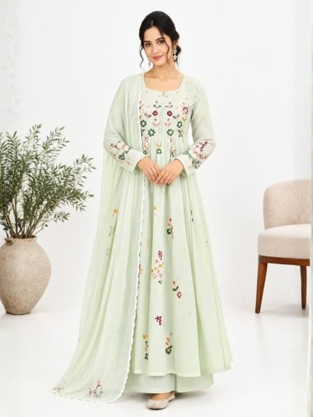 Mint Green Mul Chanderi Anarkali With Multi Thread Embroidery Work at Wholesale Rate  Ready To Wear Suit