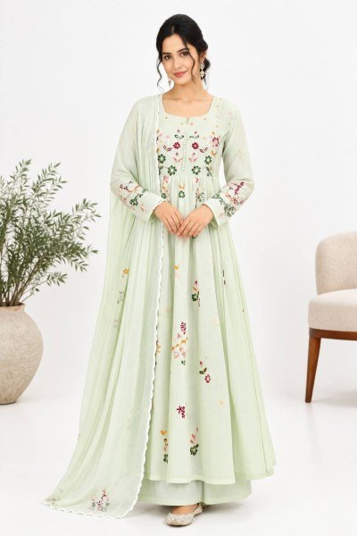 Mint Green Mul Chanderi Anarkali With Multi Thread Embroidery Work at Wholesale Rate  Ready To Wear Collection
