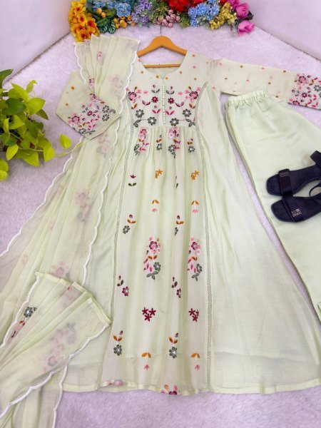 Mint Green Mul Chanderi Anarkali With Multi Thread Embroidery Work at Wholesale Rate  Ready To Wear Collection