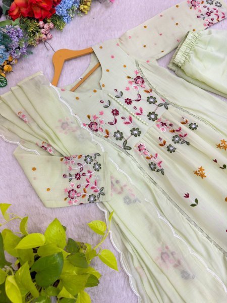 Mint Green Mul Chanderi Anarkali With Multi Thread Embroidery Work at Wholesale Rate  Ready To Wear Collection