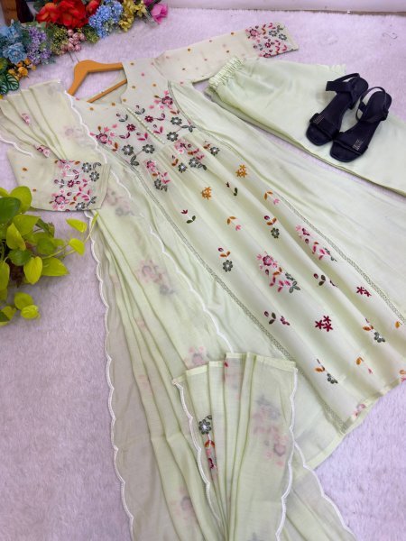 Mint Green Mul Chanderi Anarkali With Multi Thread Embroidery Work at Wholesale Rate  Ready To Wear Collection