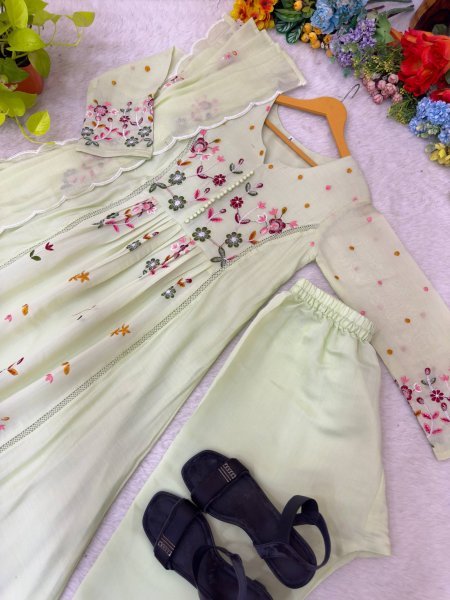 Mint Green Mul Chanderi Anarkali With Multi Thread Embroidery Work at Wholesale Rate  Ready To Wear Collection