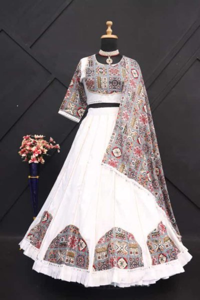 Navratri Nights Printed Mirror Work Lehenga Choli in Premium Rayon Navratri Lehnega Choli