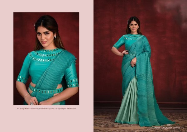 Mirror Sequence Thread Work Crepe Silk Georgette  Party Wear Saree With Belt At Low Price Bollywood Fancy Sarees Wholesale