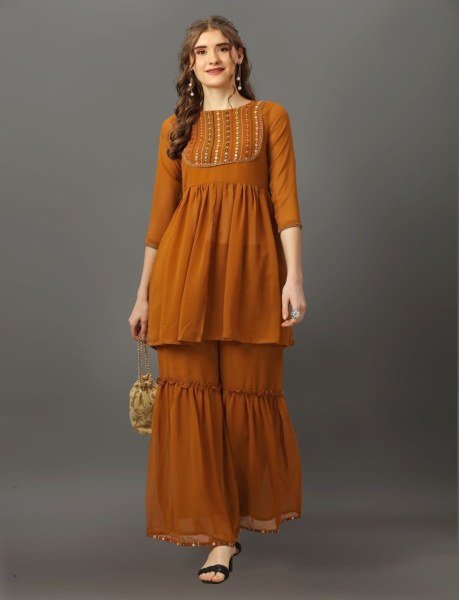 Mirror Work Nack Pattern Georgette Sharara Set Kurti With Bottom Wholesale