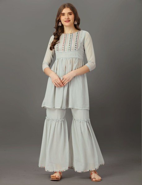 Mirror Work Nack Pattern Georgette Sharara Set Kurti With Bottom Wholesale