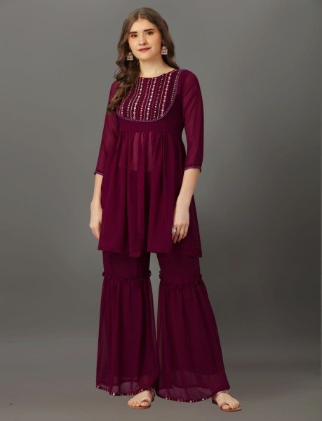 Mirror Work Nack Pattern Georgette Sharara Set Kurti With Bottom Wholesale