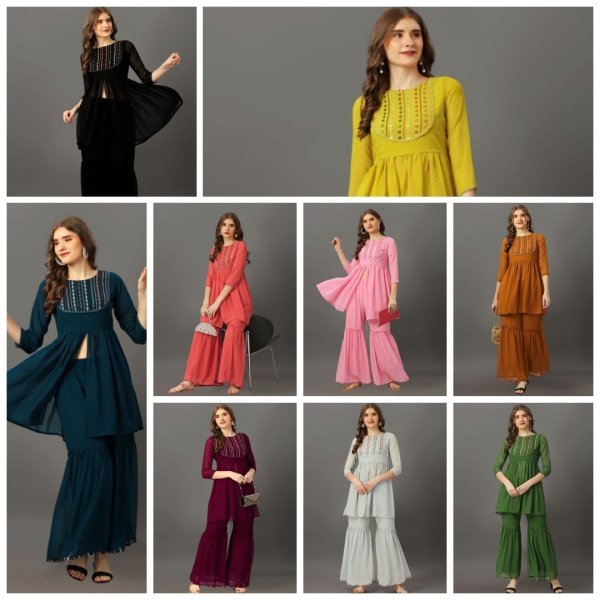 Mirror Work Nack Pattern Georgette Sharara Set Kurti With Bottom Wholesale
