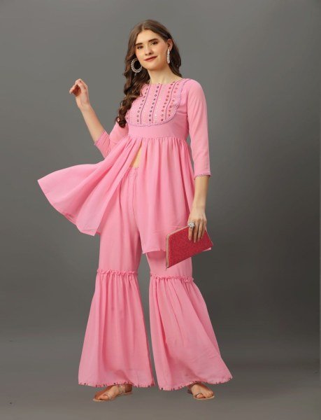 Mirror Work Nack Pattern Georgette Sharara Set Kurti With Bottom Wholesale