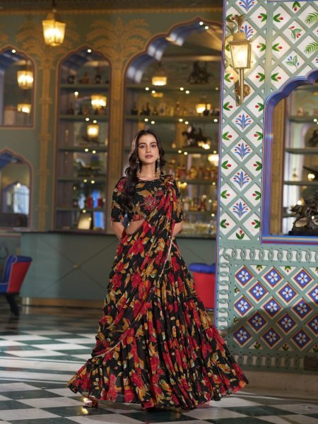 Modern Black Floral Printed Marble Lehenga Choli with Lace Border Dupatta 