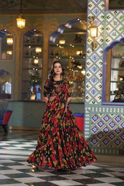 Modern Black Floral Printed Marble Lehenga Choli with Lace Border Dupatta Designer Lehenga Choli