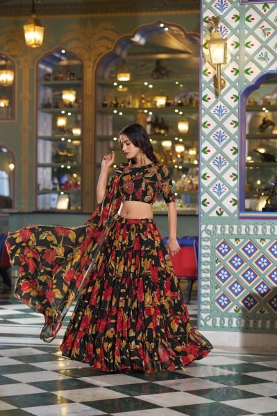 Modern Black Floral Printed Marble Lehenga Choli with Lace Border Dupatta Designer Lehenga Choli